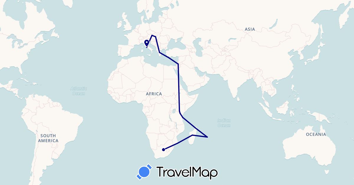 TravelMap itinerary: driving in Austria, Greece, Hungary, Italy, Jordan, Kenya, Madagascar, Mauritius, Tanzania, South Africa (Africa, Asia, Europe)